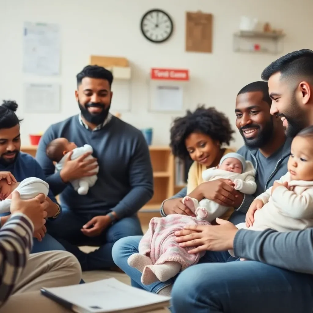 Young fathers participating in a parenting workshop