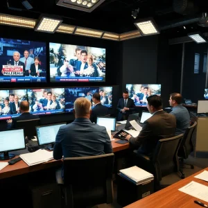 Journalists in a newsroom discussing legal issues related to media