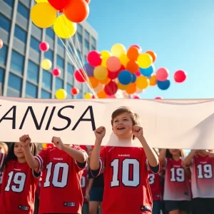 Children celebrating a day off in Kansas City with football jerseys and banners