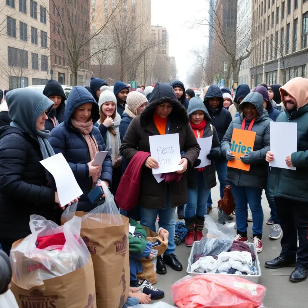 Volunteers providing support and warm clothing to the homeless in Kansas City during winter weather.