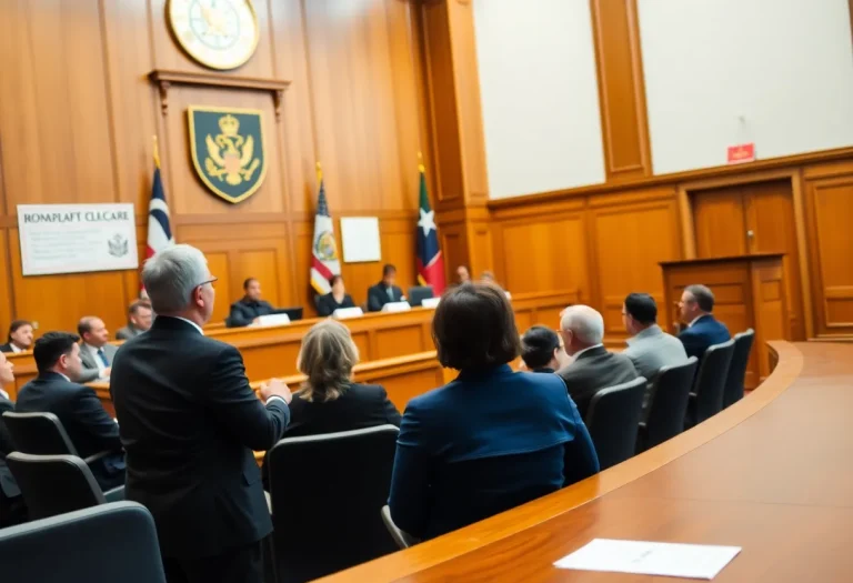 Courtroom scene illustrating legal challenge to foreign aid policies