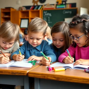 Children practicing cursive writing in a classroom setting.