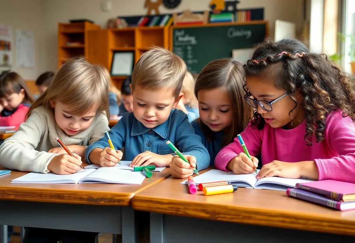 Children practicing cursive writing in a classroom setting.