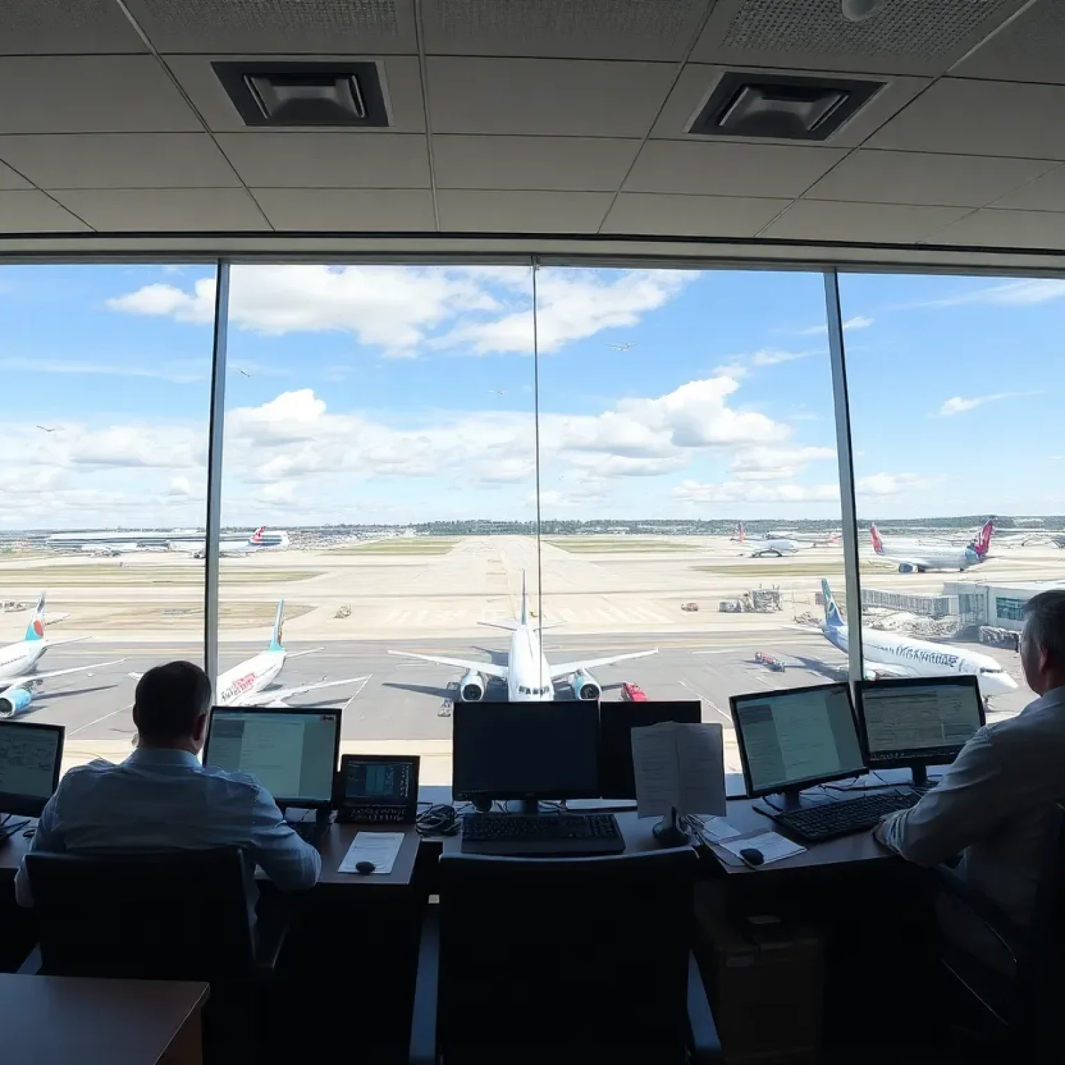 Air traffic controllers managing aircraft at Kansas City International Airport.