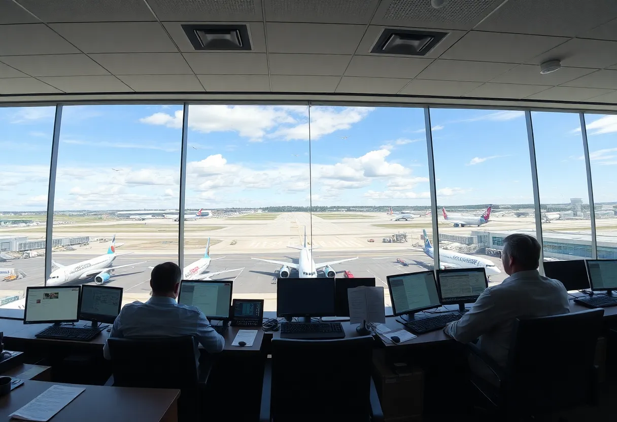 Air traffic controllers managing aircraft at Kansas City International Airport.