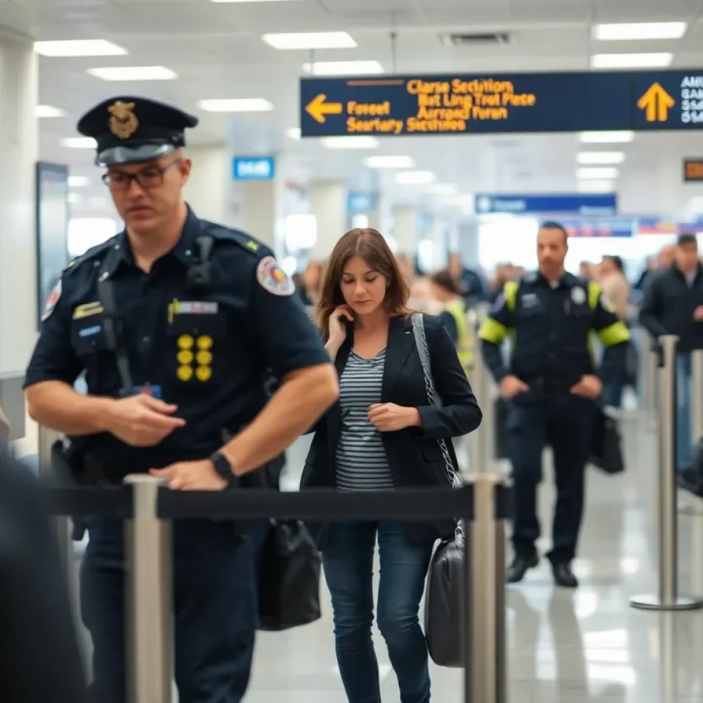 A busy airport security checkpoint illustrating a tense situation.