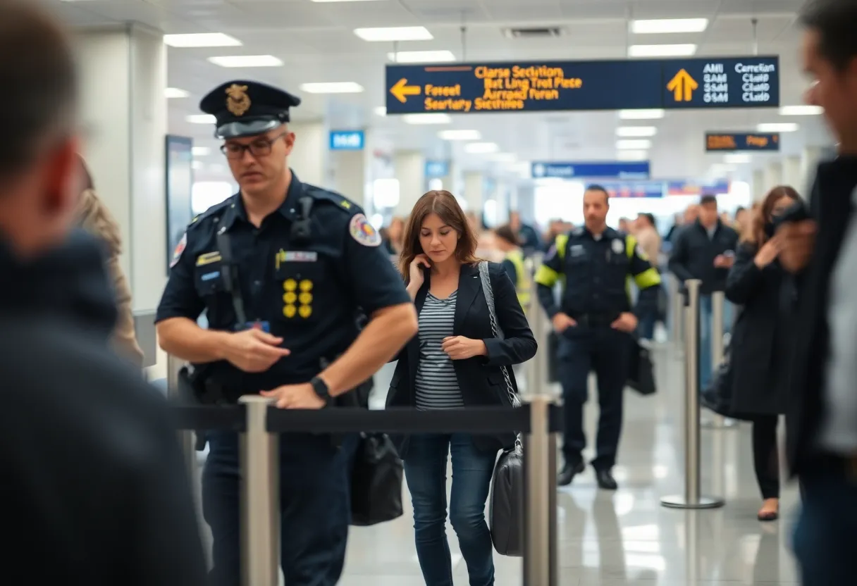 A busy airport security checkpoint illustrating a tense situation.