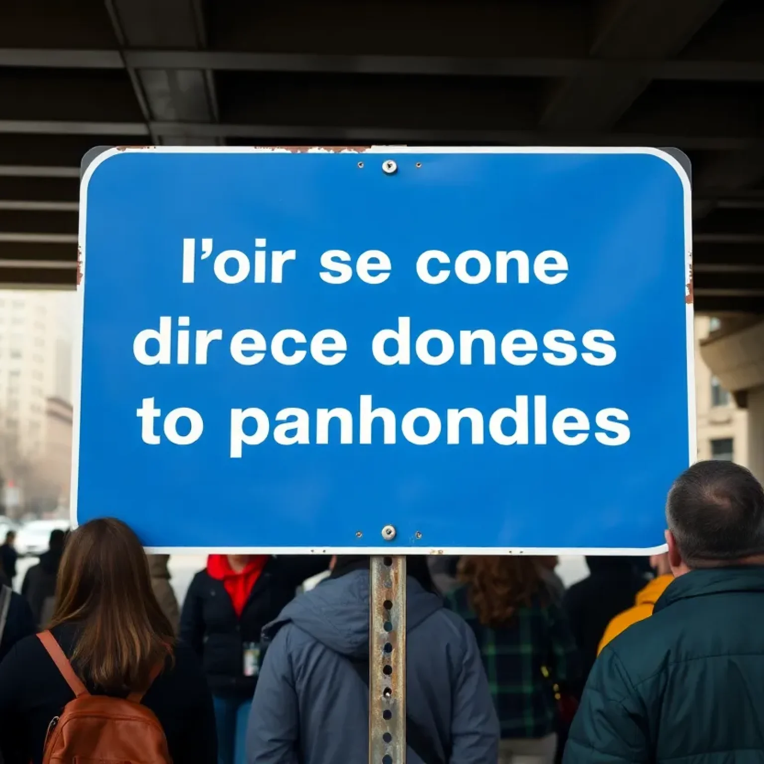 Blue anti-panhandling sign in Kansas City at an underpass.