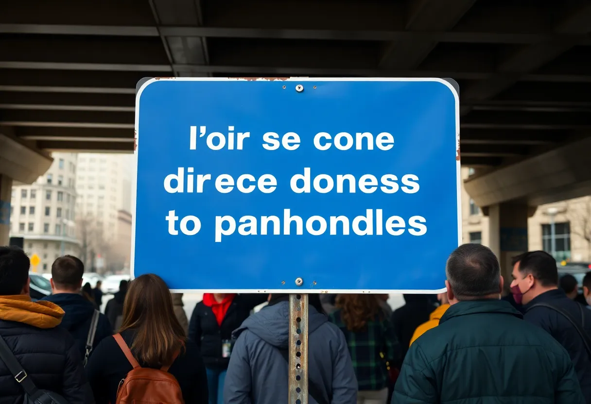 Blue anti-panhandling sign in Kansas City at an underpass.