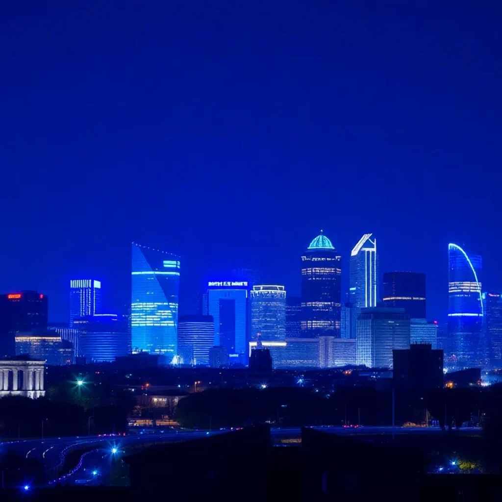 Kansas City skyline glowing blue for Angelman Syndrome awareness