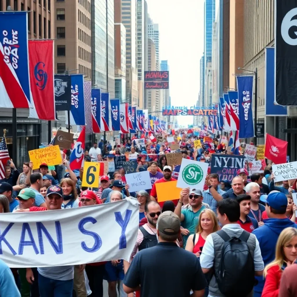 Crowd celebrating at the Kansas City Chiefs Parade.