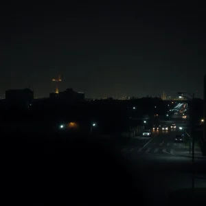 A dimly lit urban street in Kansas City depicting crime atmosphere