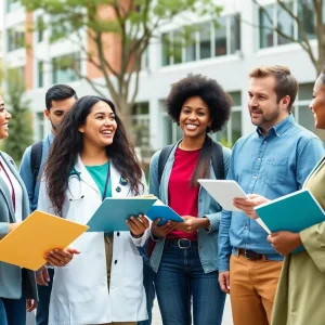 Students discussing their future in a fast-track medical degree program at a Kansas City university.