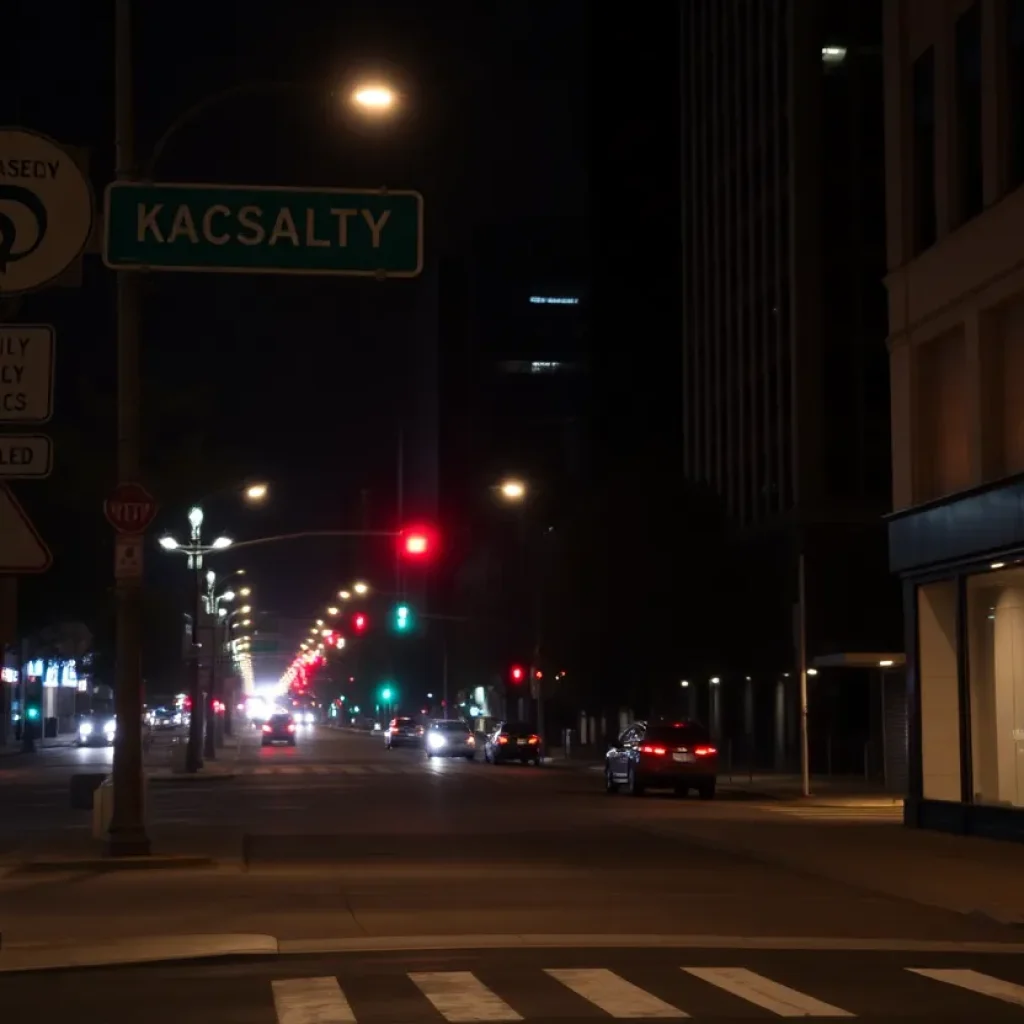 Illuminated crosswalk in downtown Kansas City at night