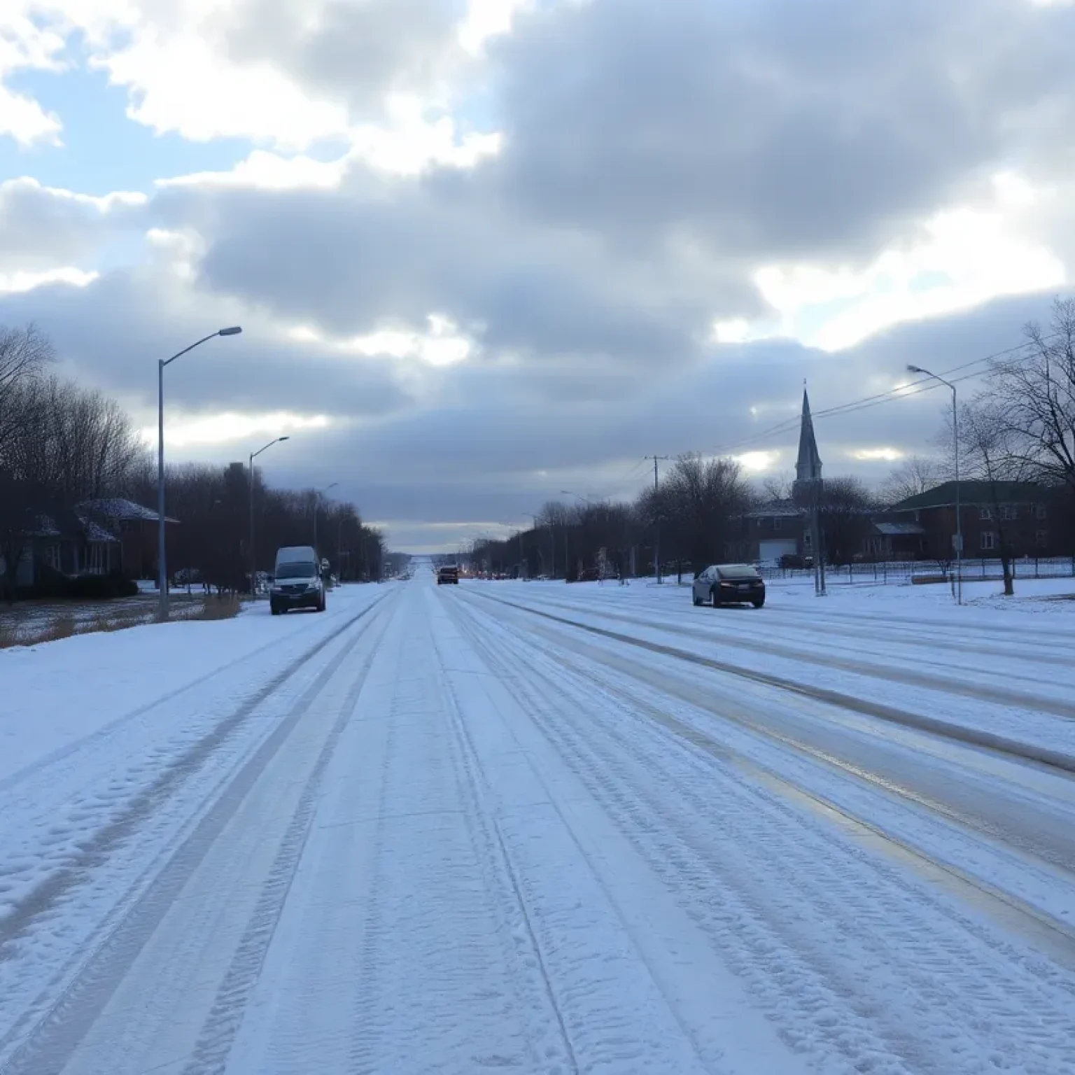 Icy roads in Kansas City with sunlight breaking through clouds