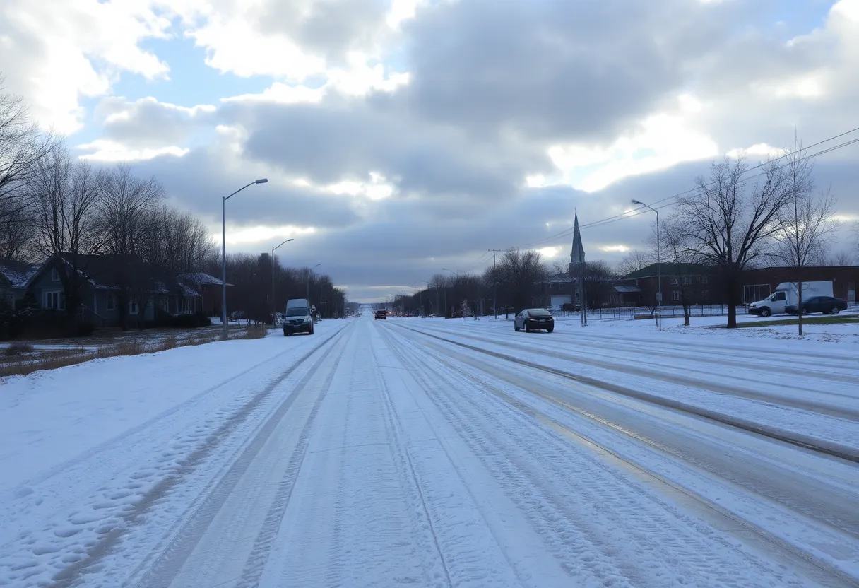 Icy roads in Kansas City with sunlight breaking through clouds