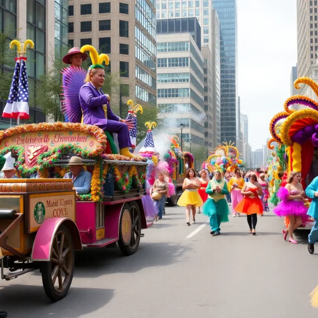 Participants celebrating Mardi Gras in Kansas City with colorful costumes and lively atmosphere.