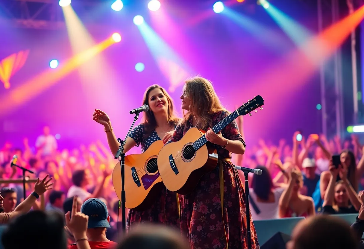 Mother-daughter duo performing at a lively concert in Kansas City