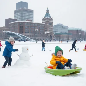 Children enjoying a snow day in Kansas City, sledding and building snowmen.