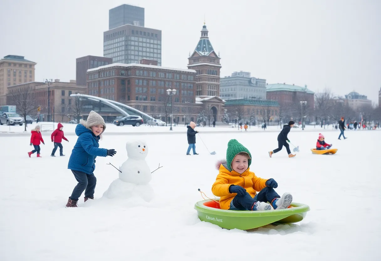 Children enjoying a snow day in Kansas City, sledding and building snowmen.