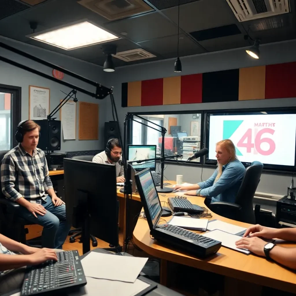 Community radio studio of KCUR-FM with people engaging in discussions.