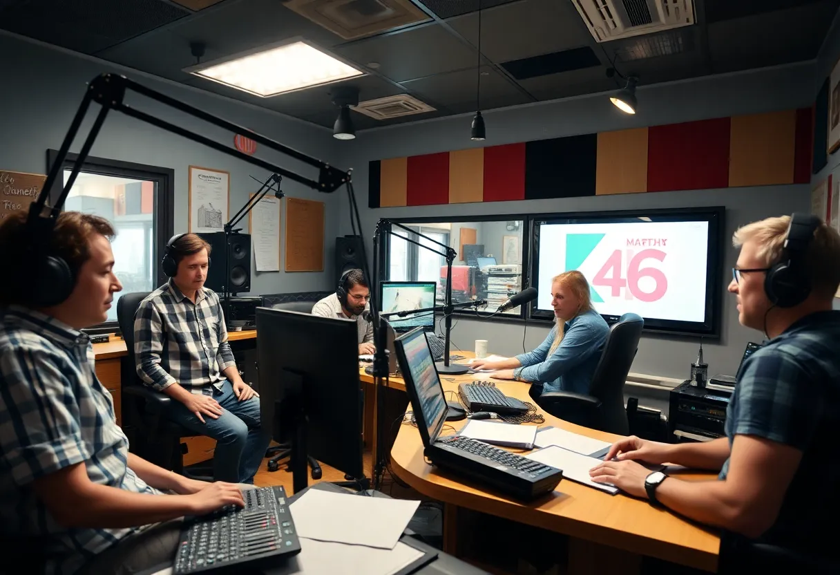 Community radio studio of KCUR-FM with people engaging in discussions.