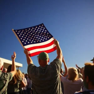 A welcoming scene of joy and family reunion with American flag