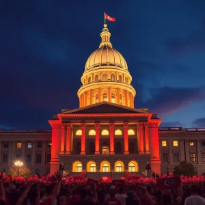 Missouri State Capitol dome illuminated in red and gold for Kansas City Chiefs Super Bowl celebration.