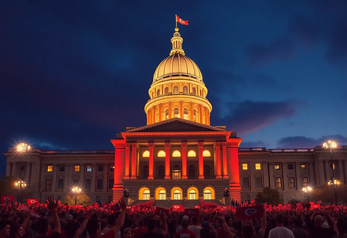 Missouri State Capitol dome illuminated in red and gold for Kansas City Chiefs Super Bowl celebration.