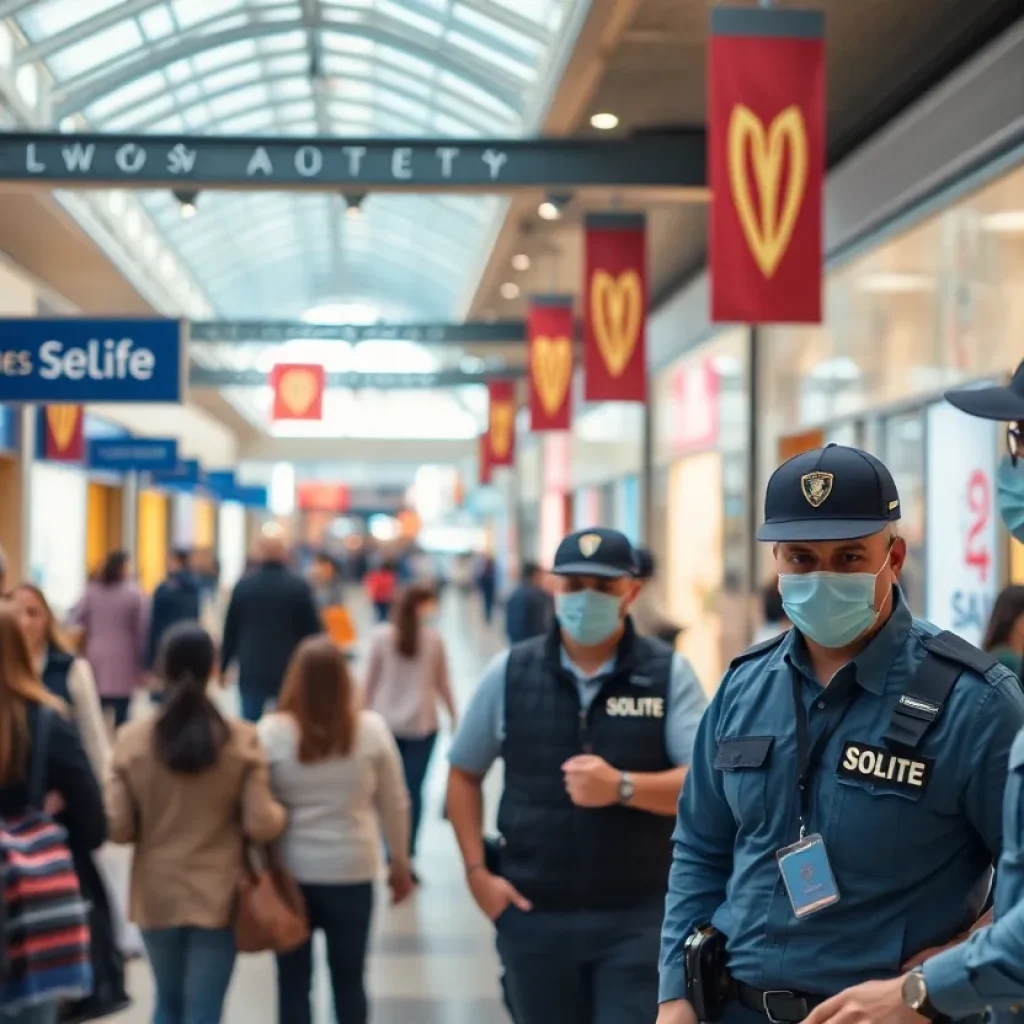 Security personnel patrolling a shopping center in Independence, Missouri.