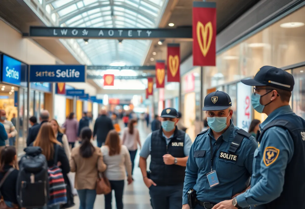 Security personnel patrolling a shopping center in Independence, Missouri.