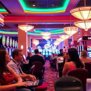 A casino floor illustrating a smoke-free environment with happy patrons engaging in games.