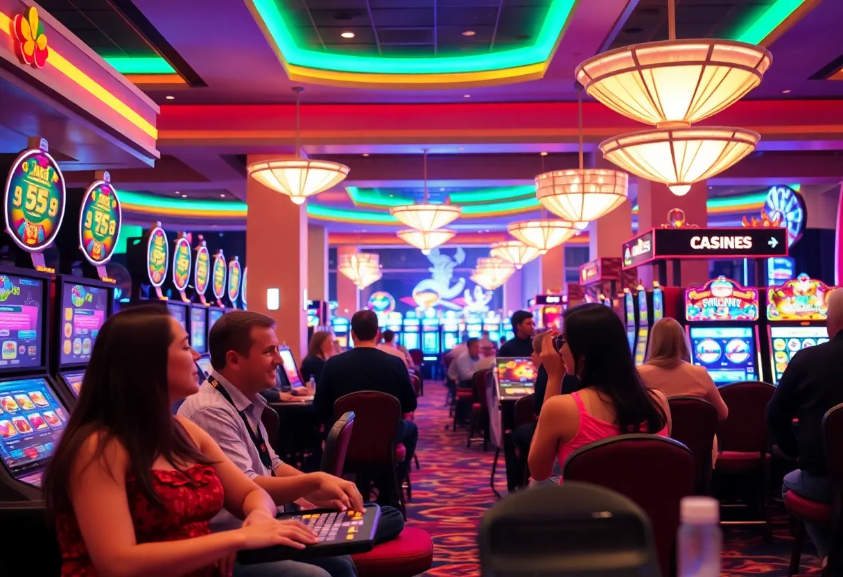 A casino floor illustrating a smoke-free environment with happy patrons engaging in games.