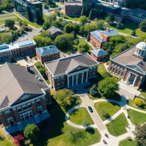 Aerial view of UMass Lowell, UMass Boston, and WPI campuses highlighting their research facilities.