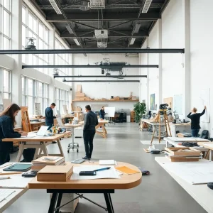 Students collaborating in a modern architecture studio at UMKC