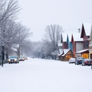 Snow-covered town during a winter storm in the Eastern U.S.