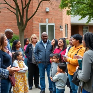 Parents and community members discussing safety concerns outside a school