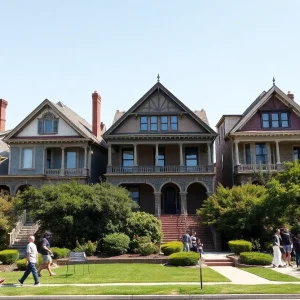 A group of historic homes in the Valentine neighborhood of Kansas City, showcasing their unique architectural features.