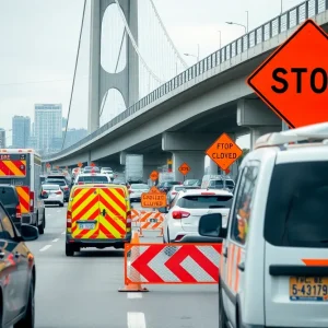 Traffic around a closed bridge in Kansas City with emergency vehicles present.
