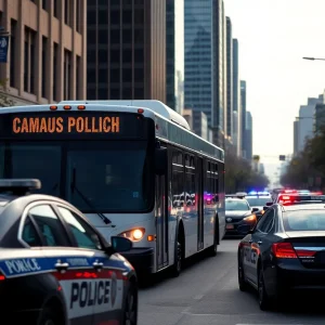 City bus surrounded by police cars in Kansas City
