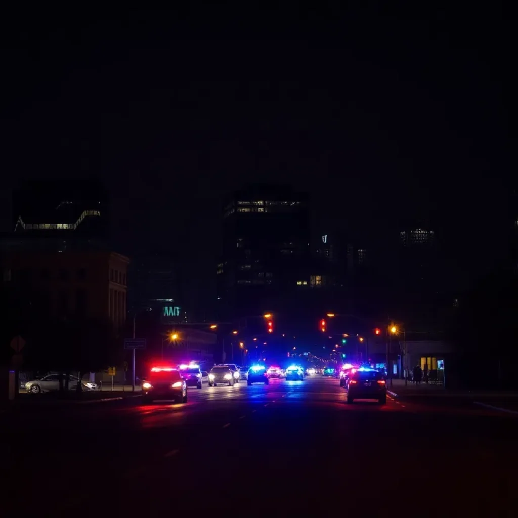 Police lights illuminating a Kansas City street at night