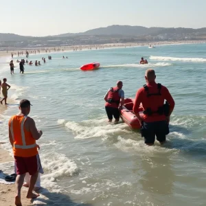 Beach rescue by lifeguards on a sunny day