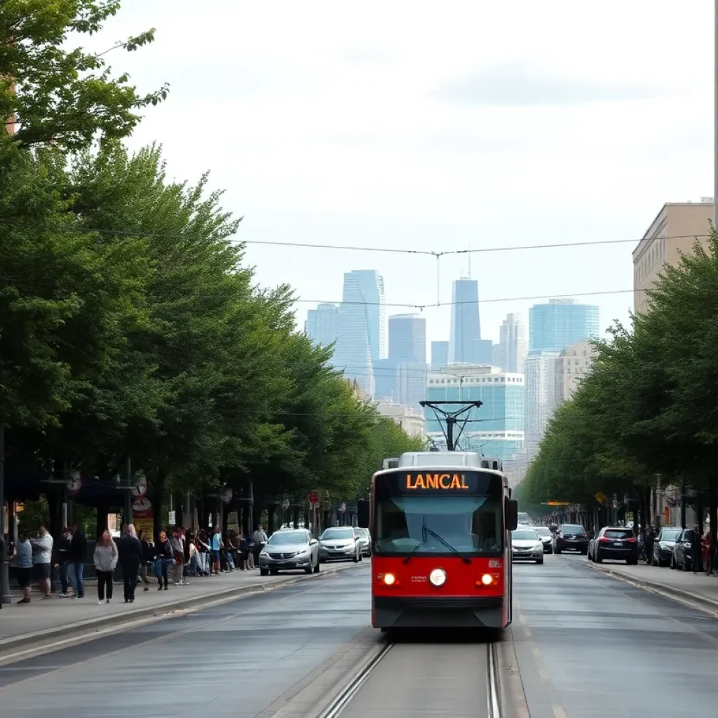 Streetcar in Kansas City with passengers at a station