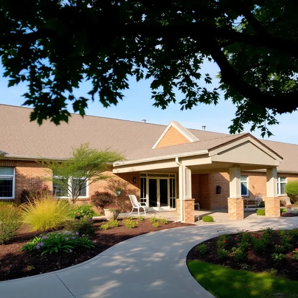 Exterior view of a nursing home in Kansas City with gardens