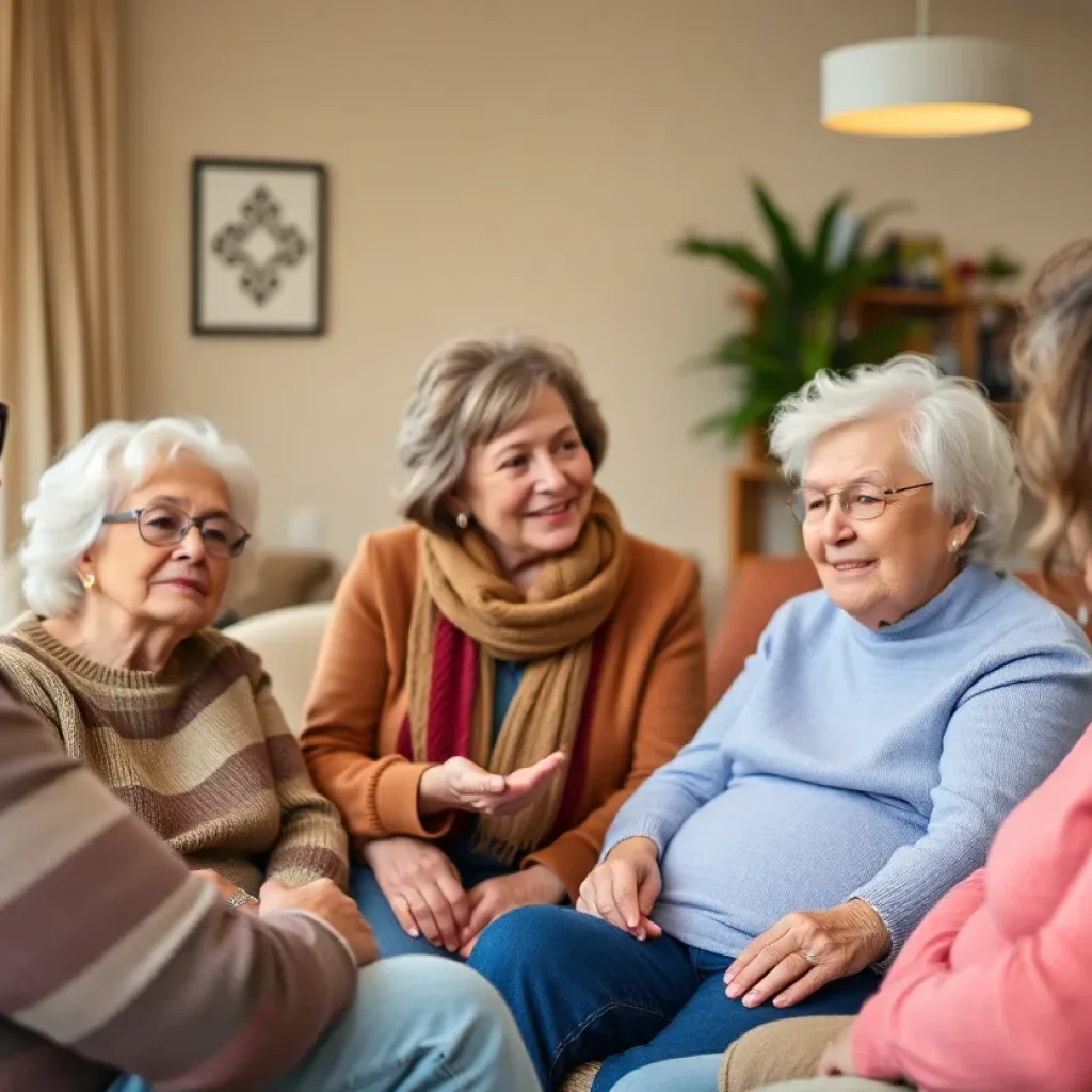 Seniors sharing stories in a support group setting