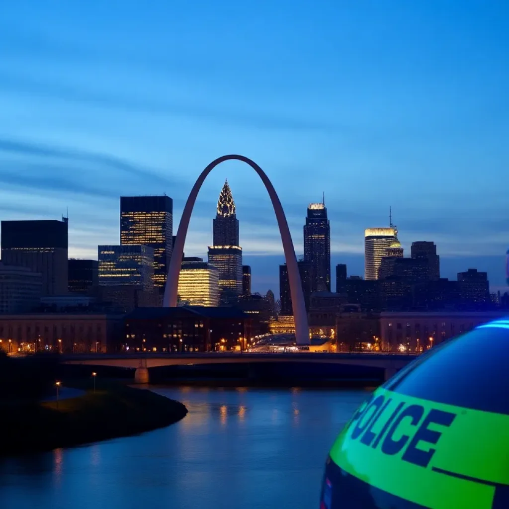 St. Louis city skyline at dusk with police symbolism