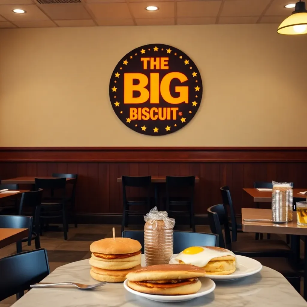 Interior view of The Big Biscuit restaurant in Wichita with breakfast dishes on tables.