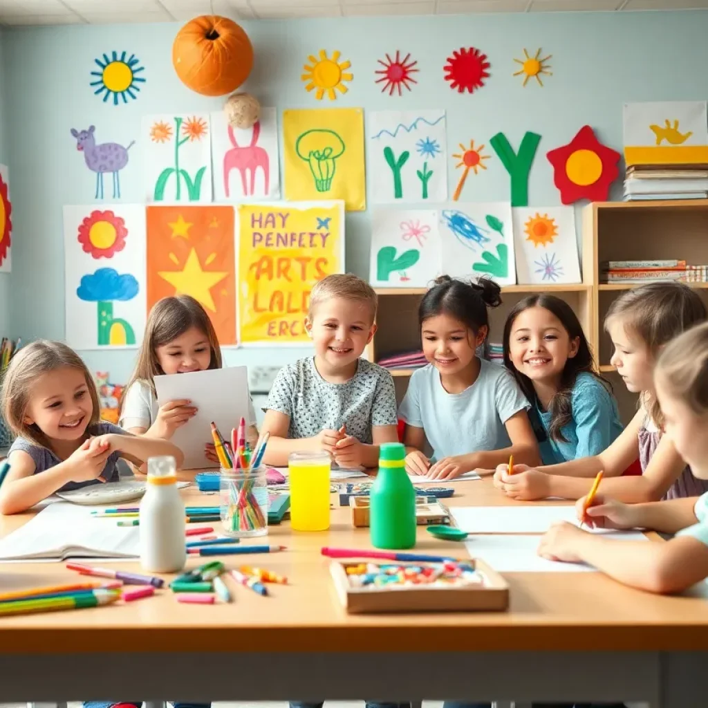 Children engaging in art education in a colorful classroom