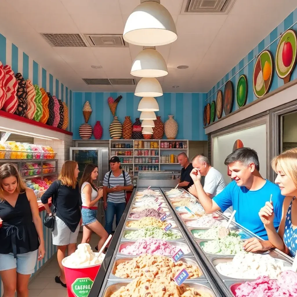 Interior of Betty Rae's Ice Cream shop with colorful ice cream tubs