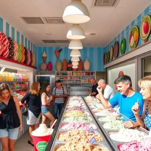 Interior of Betty Rae's Ice Cream shop with colorful ice cream tubs